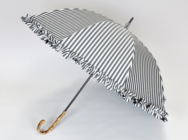 ミドル　フリル白黒ストライプ日傘