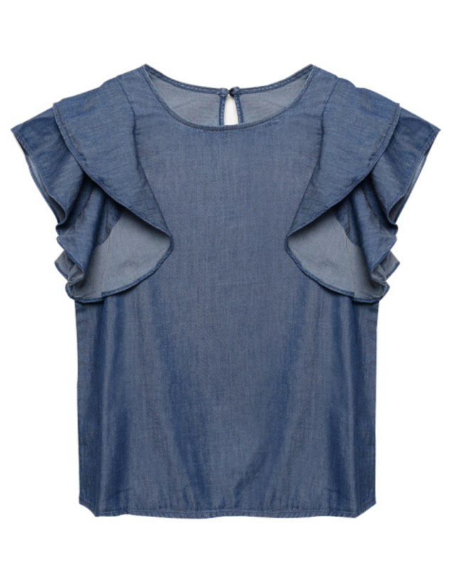 テンセルデニムラッフルショルダートップス