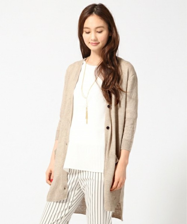 GLOBAL WORK 【高品質リネン使用】フレンチリネンロングカーディガン7分袖