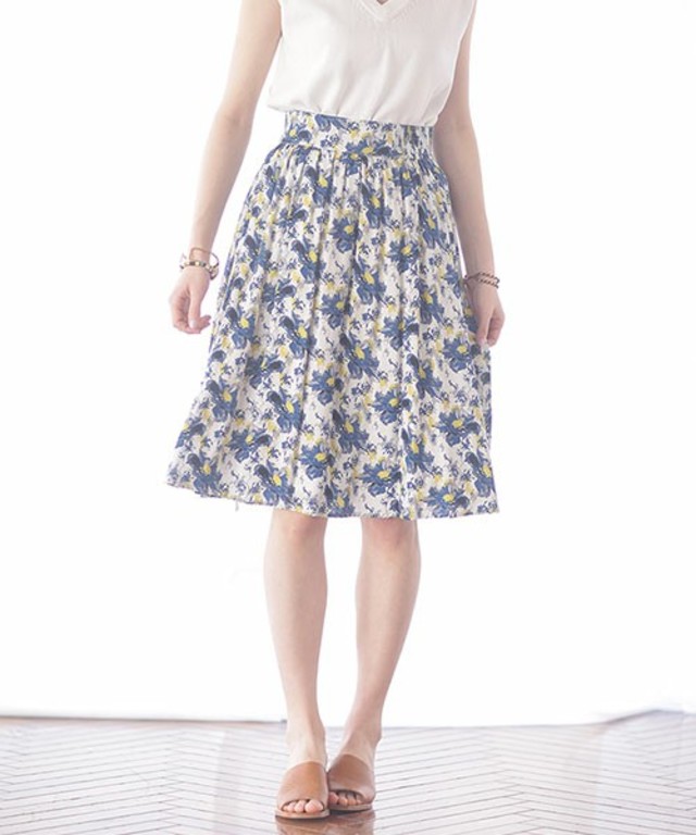 【nano・universe】レトロ花柄ミモレギャザースカート