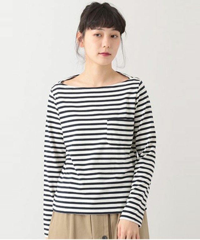 E hyphen world gallery　ボートネック胸ポケット長袖Tシャツ