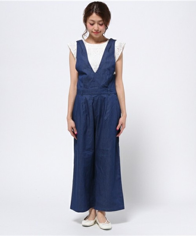 【mysty woman】デニムサロペット＆レースブラウスセット