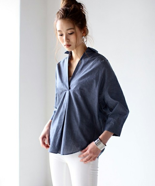 AZUL by moussy  バックコクーン7分スキッパーシャツ