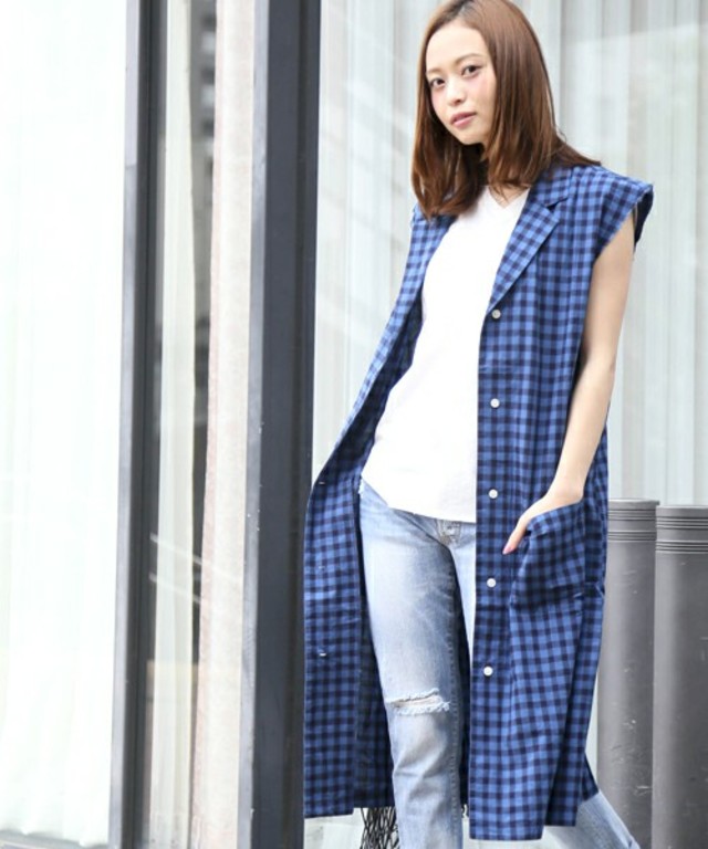 Denime  インディゴチェックガウン