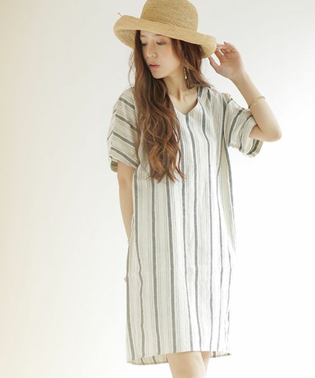 nano・universe ストライプリネンコットンワンピース