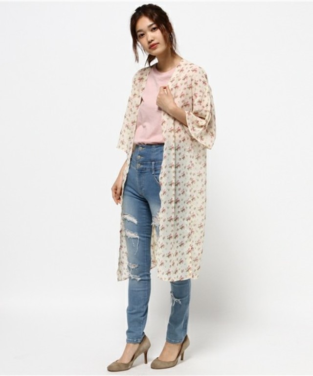 UPSTART シフォン小花プリントロングガウン