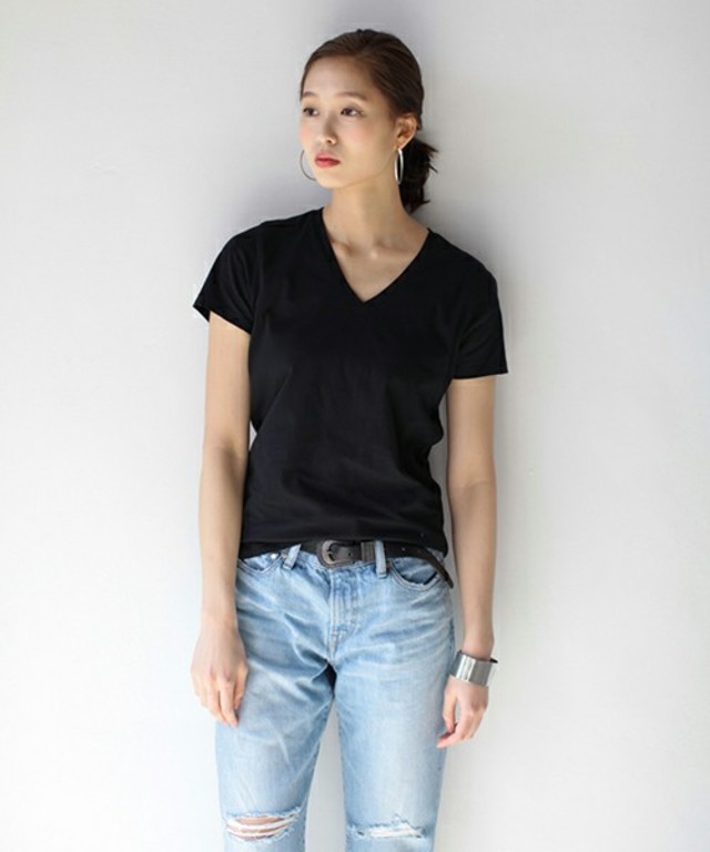 AZUL by moussy / ｵｰｶﾞﾆｯｸｺｯﾄﾝVﾈｯｸ半袖PO