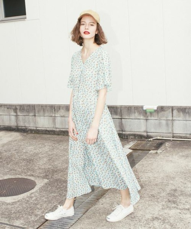 オリジナルフラワーフレア袖ワンピース