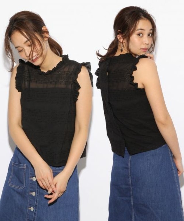 LOWRYS FARM シシュウスタンドブラウスノースリーブ