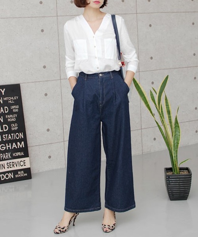 MOCA ハイウエストコットン デニムワイドパンツ