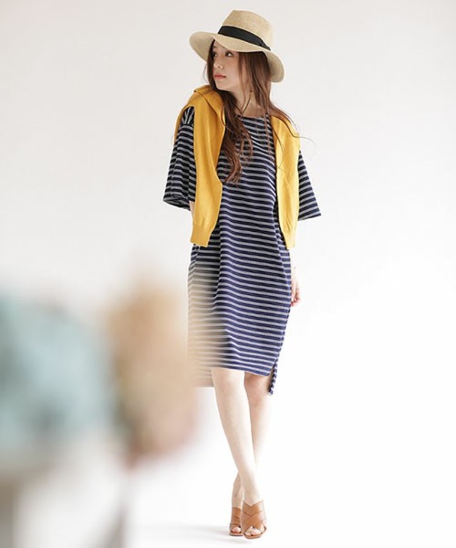 フレアスリーブボーダーワンピース