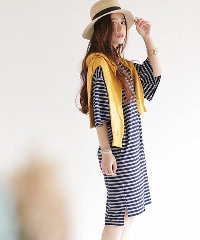 nano・universe フレアスリーブボーダーワンピース