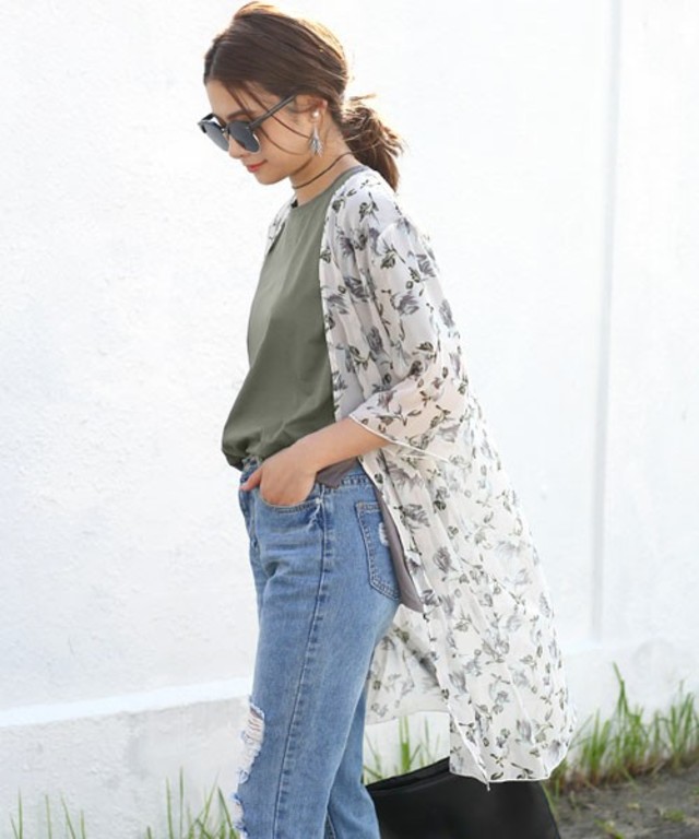 MOCA フラワーシフォンロング丈六分袖ガウン