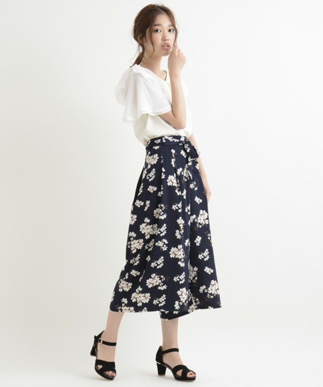 中花柄ウエストリボン付ガウチョ