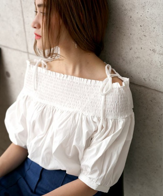肩リボンオフショルダーバルーンスリーブ半袖ブラウス