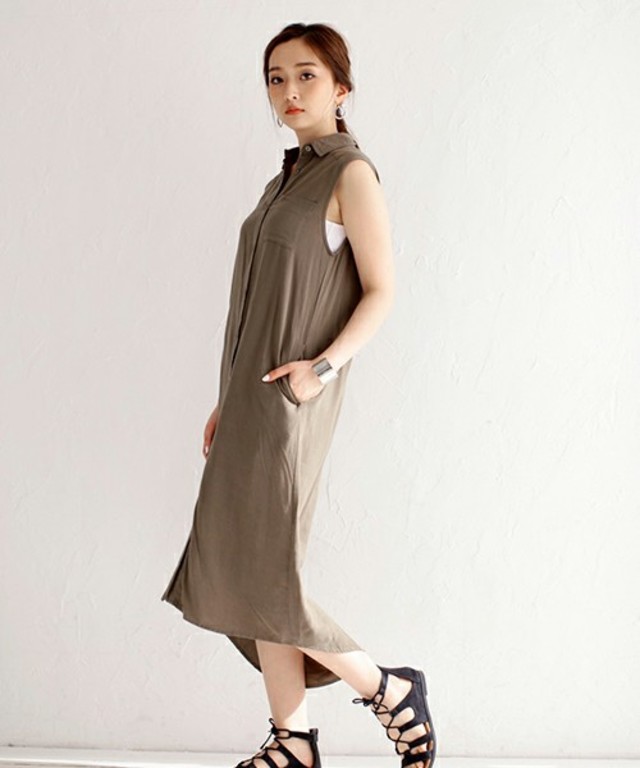 AZUL by moussy レーヨン麻ノースリマキシシャツ