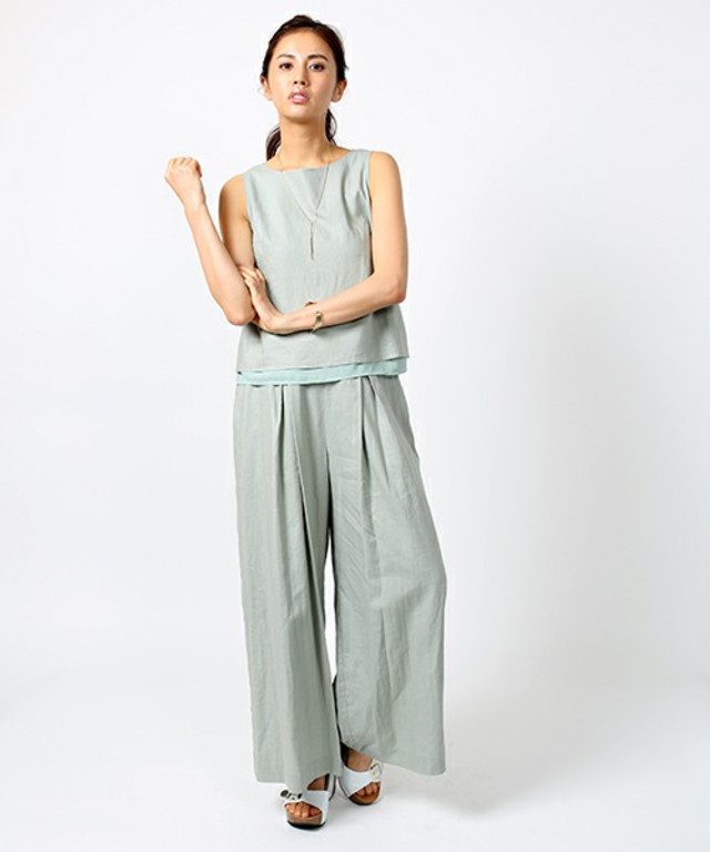 ノースリーブブラウス タックワイドパンツ リネンセットアップ