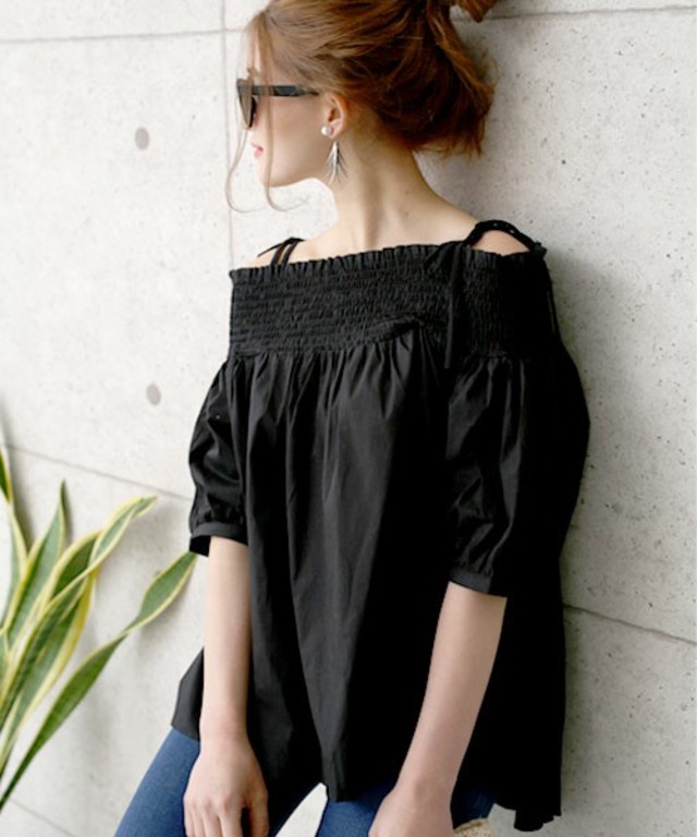 MOCA 肩リボンオフショルダーバルーンスリーブ半袖ブラウス