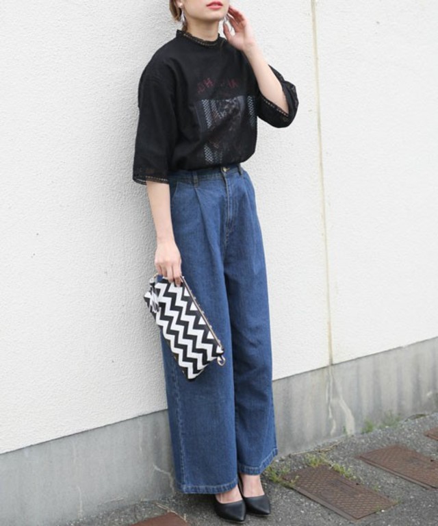 MOCA　ハイウエストコットン デニムワイドパンツ