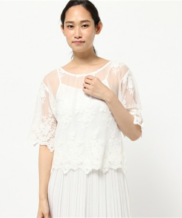 チュール刺繍ブラウス×フライスキャミツイン