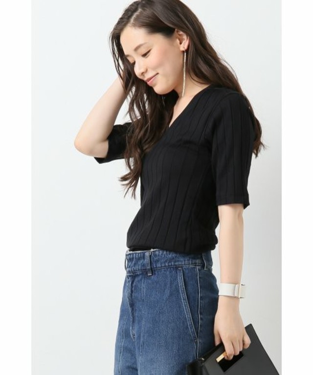 IENA　YOUNGOLSEN リブ5分袖 Vネックプルオーバー