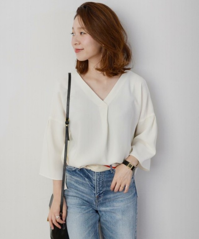 SHIPS for women 　Vネック フレアスリーブブラウス