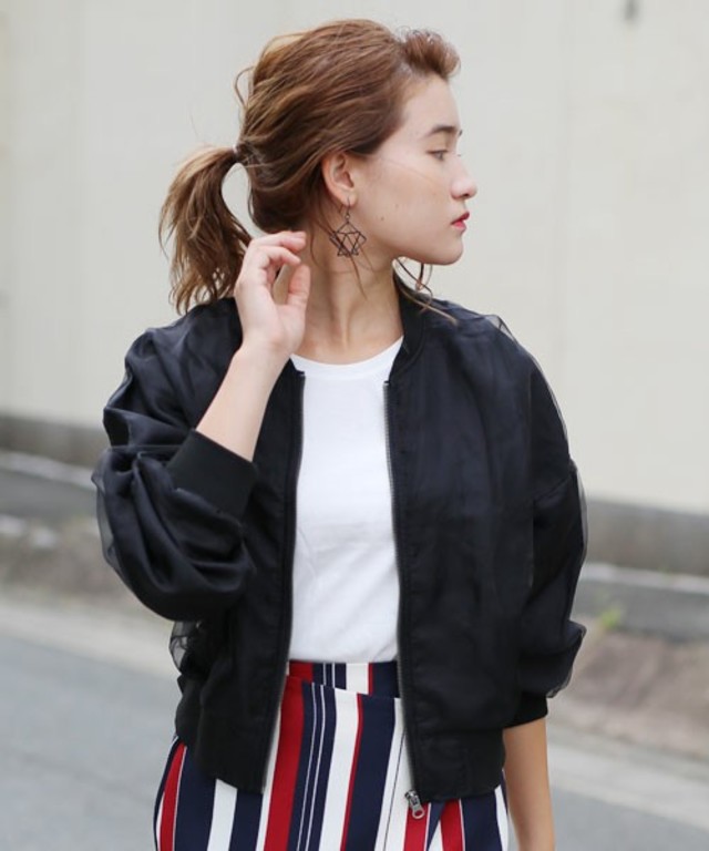 select MOCA ショート丈オーガンジー重ねZIP袖リブ薄手長袖MA-1