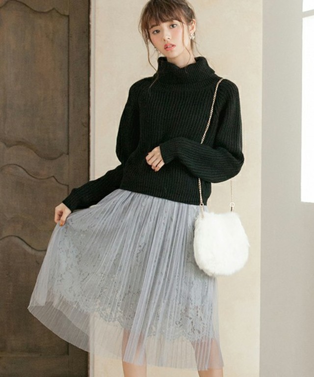 Color レースチュールドッキングプリーツスカート