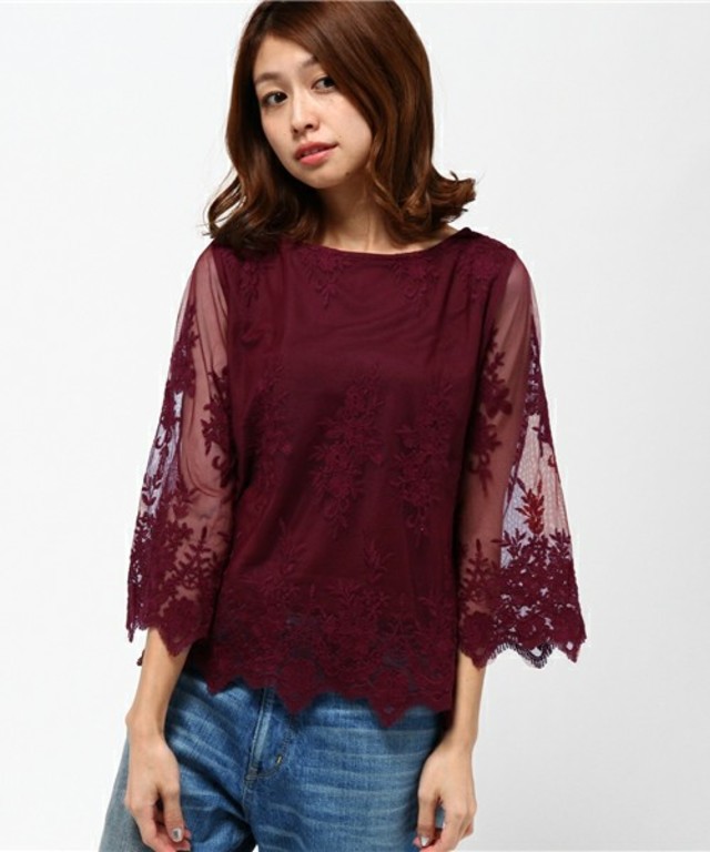 チュール刺繍レース７分袖ブラウス
