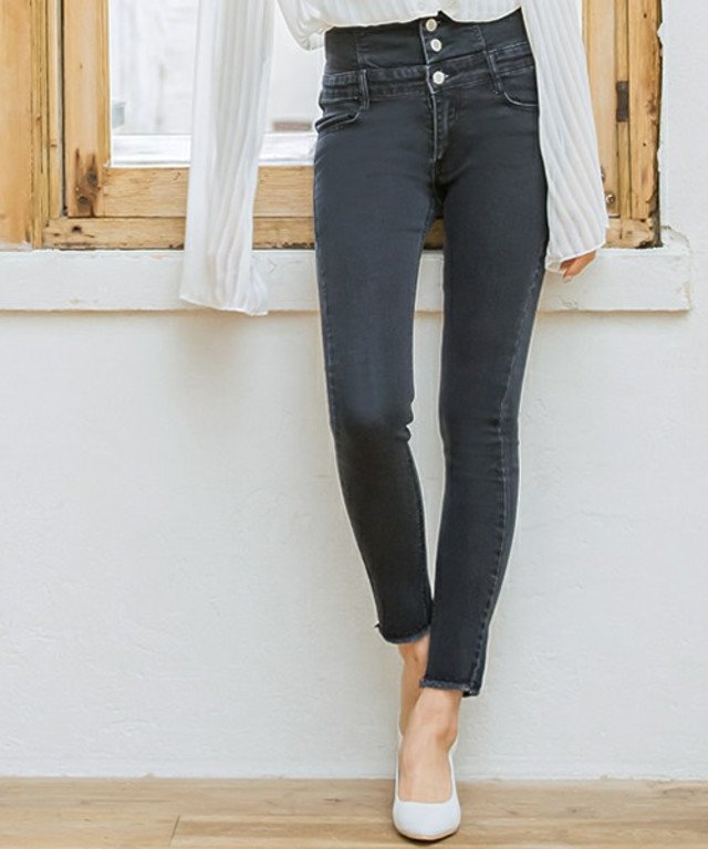 Re:EDIT 裾フリンジハイウエストデニムパギンス