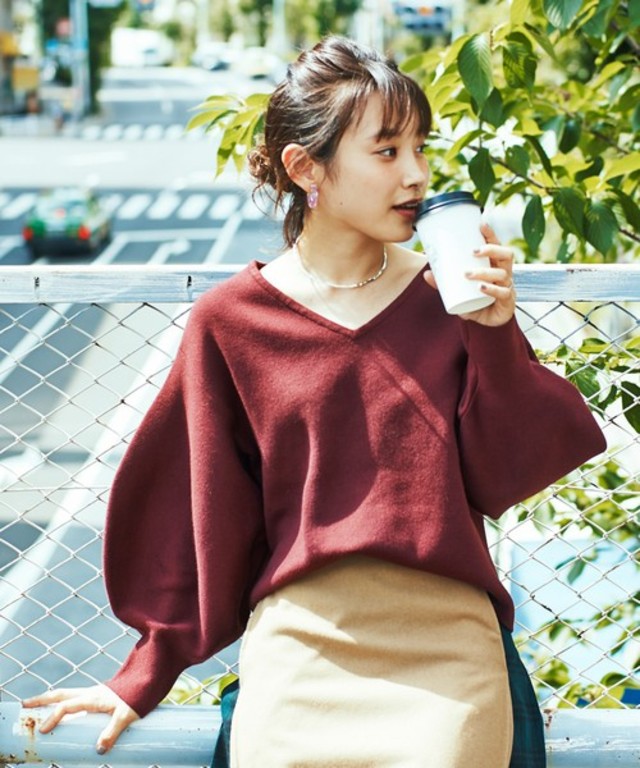 haco!　ラブ＆ピースプロジェクト　ミラノリブ編み袖ぷっくりＶネックニット