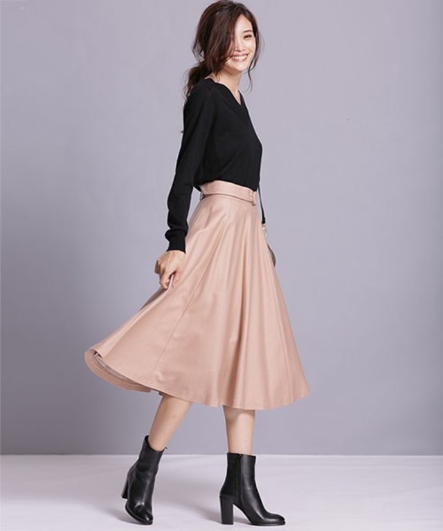 nano・universe　ベルト付きウールフレアスカート