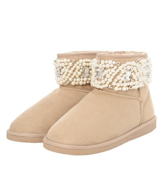 パール＆ビジュー付き・ミニ丈フェイクムートンブーツ