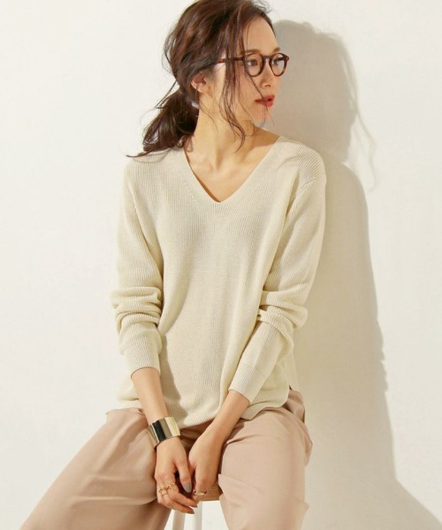 UNITED ARROWS UBBT ハイツイストコットン Vネック ロング スリーブ ニット