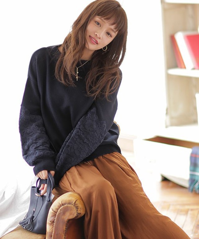 nano・universe 袖レース刺繍ニットプルオーバー