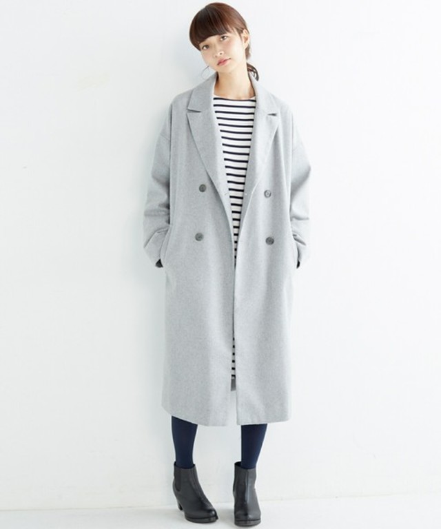 袖口リブ付きロングピーコート