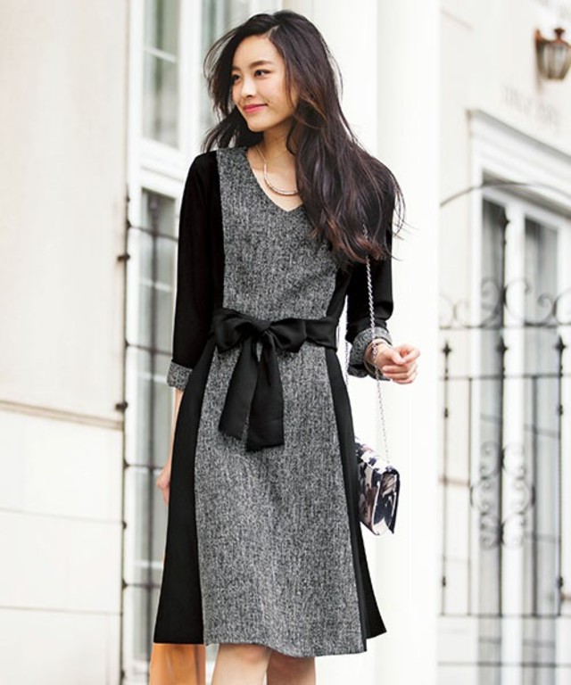 Ranan ツイード調切替シェーディングワンピース