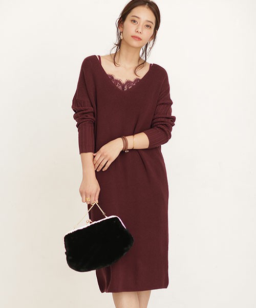 nano・universe レースキャミ付畦Vネックワンピース