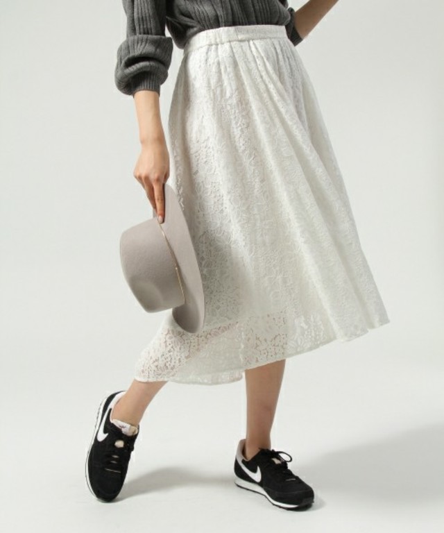 Andemiu レースギャザーミディスカート