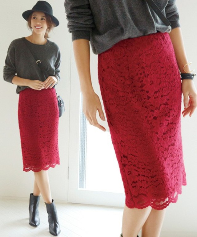 ストレッチ温感レースペンシルスカート