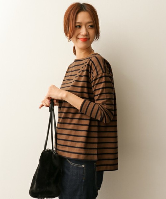 起毛ボーダーボートネックプルオーバー