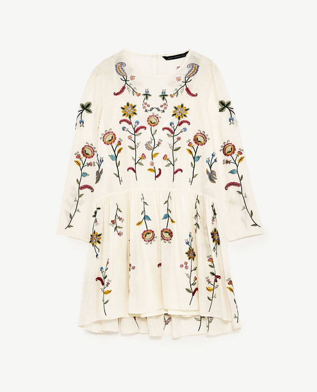 フラワー刺繍入りシルクワンピース