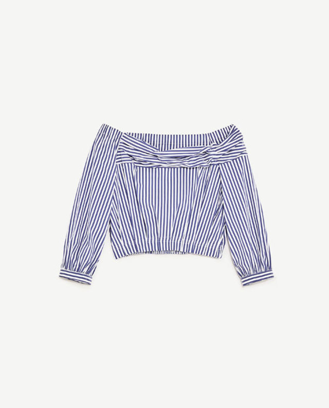 オフショルダーストライプブラウス