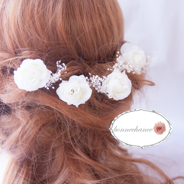 ホワイトローズとカスミソウの花飾りセット