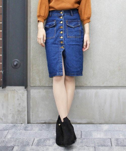 ANDJ 前開きスリットデニムペンシルスカート