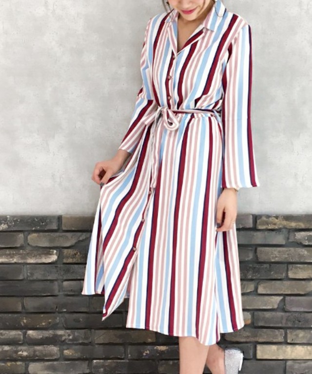PAGEBOY マルチストライプ袖ベルワンピース