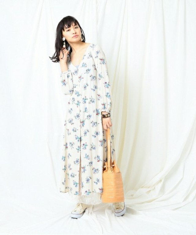 Ray BEAMS/フラワープリント ロングガウン シャツワンピース