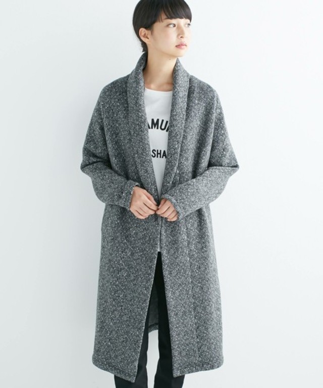 かるくてあったか　ヘリンボーンプリントの裏起毛ロングコーディガン