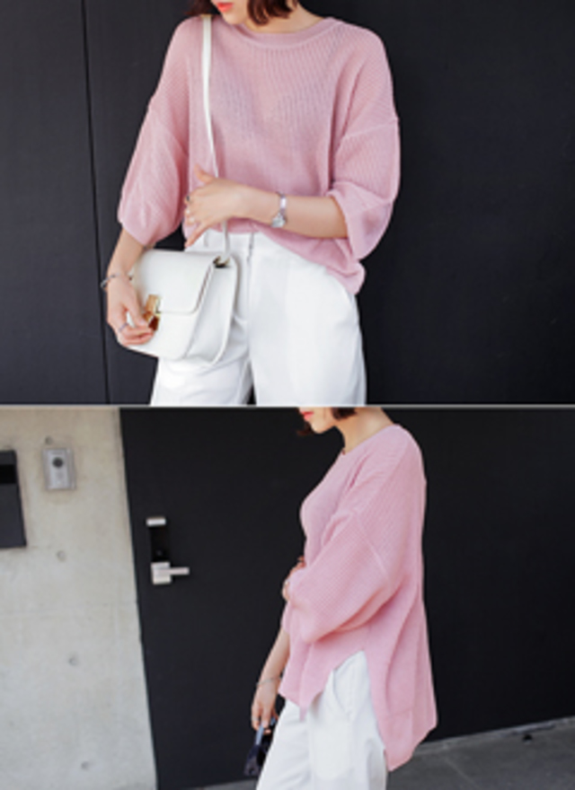 DHOLIC サイドスリットシースルーニットトップス