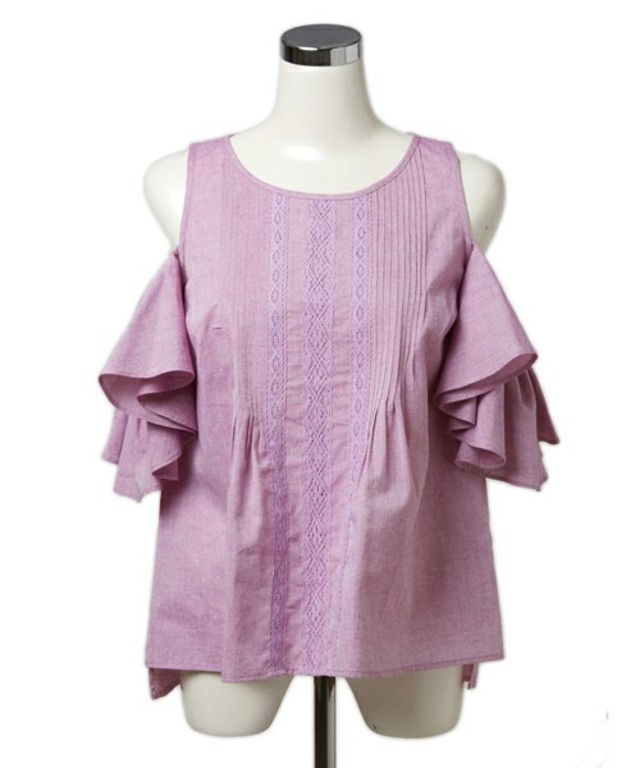 カラーシャンブレー2wayラッフルタックブラウス